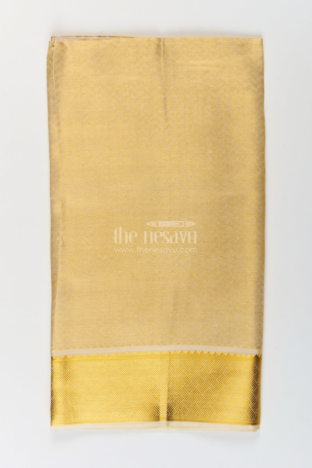 Boys Golden Embossed Tissue Dhoti with Classic Patterned Border for Spiritual Wear in Dhoti for Puja Style