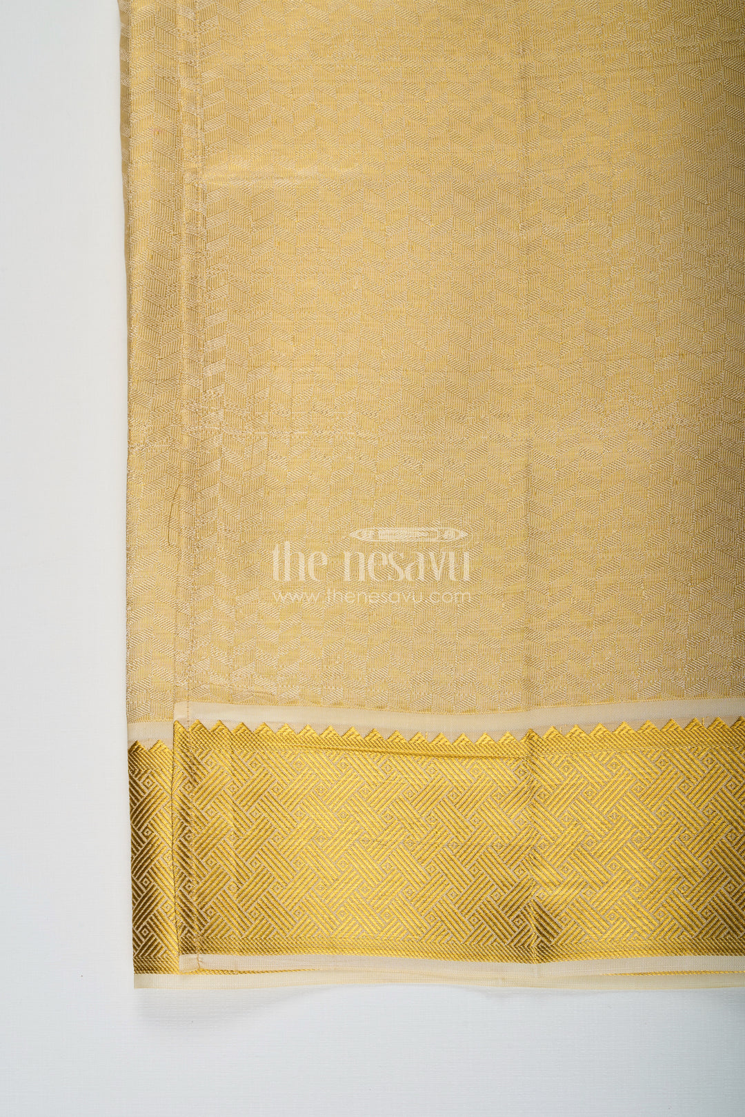Boys Golden Embossed Tissue Dhoti with Classic Patterned Border for Spiritual Wear in Dhoti for Puja Style