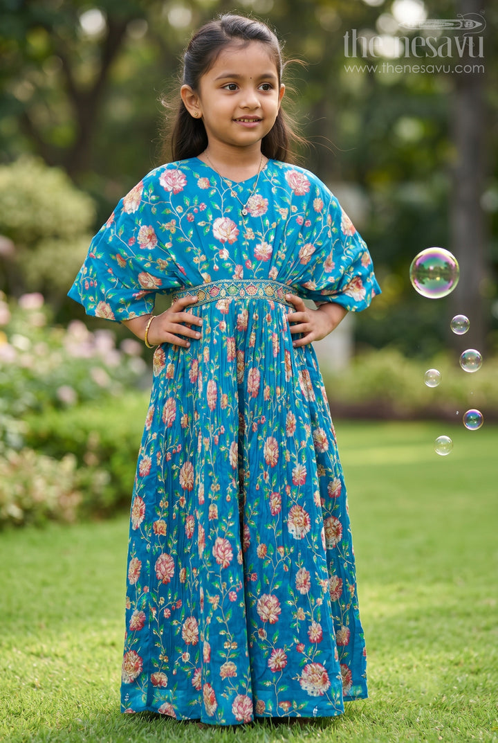 Emerald Green Sequin Floral Radiance: Designer Anarkali Elegance for Little Divas