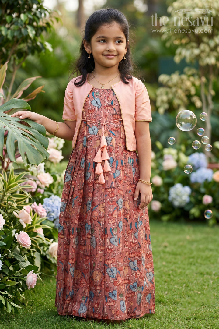 Enchanted Garden: Mauve Anarkali Gown with Delicate Kalamkari Prints &amp; Pink Overcoat
