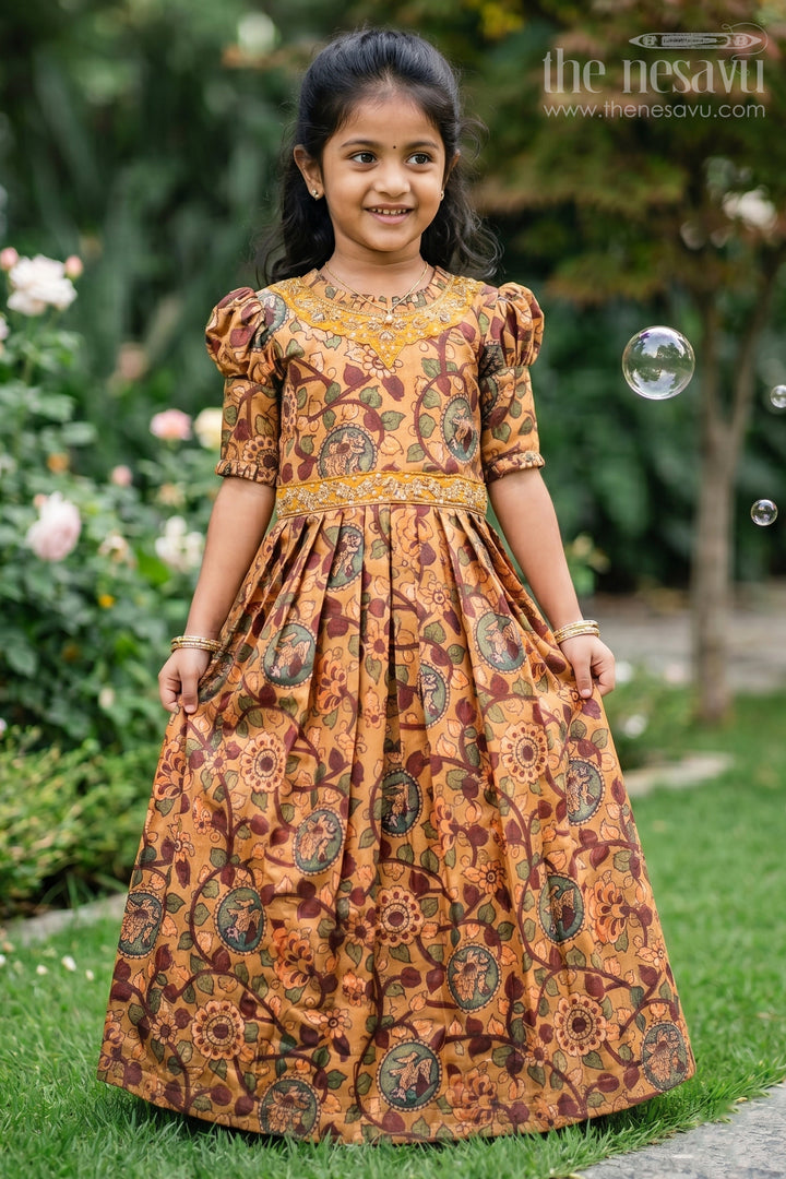 Girls Traditional Kalamkari Print Anarkali Gown in Earthy Yellow Tones