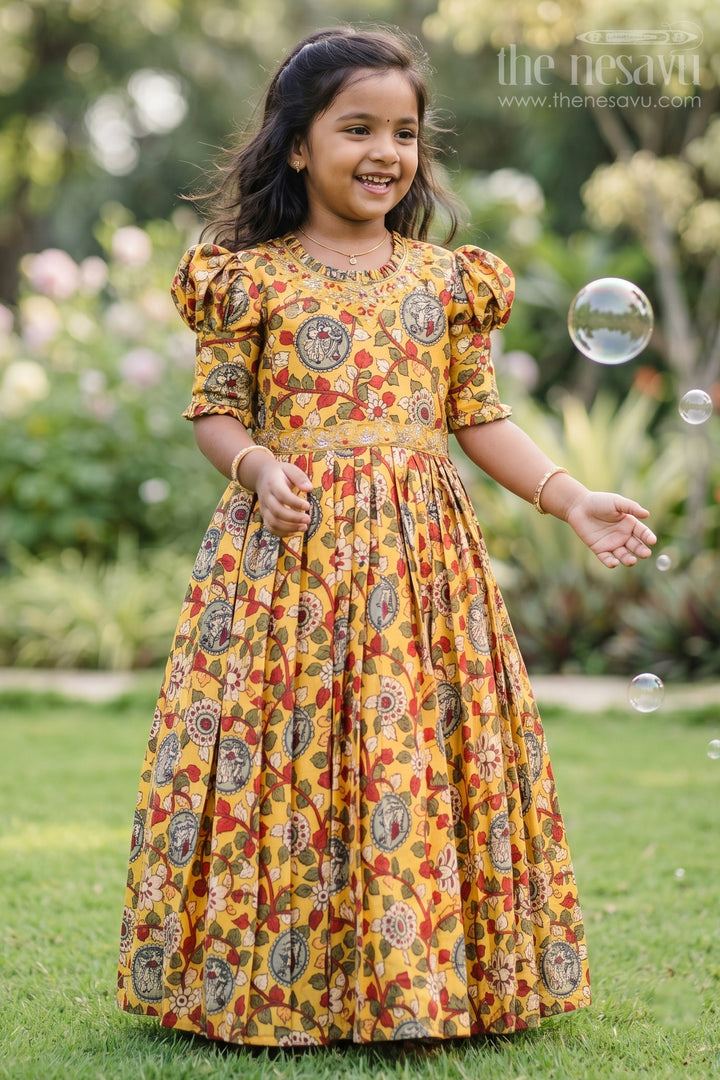 Girls Sunshine Yellow Kalamkari Printed Anarkali Dress with Embellished Neckline