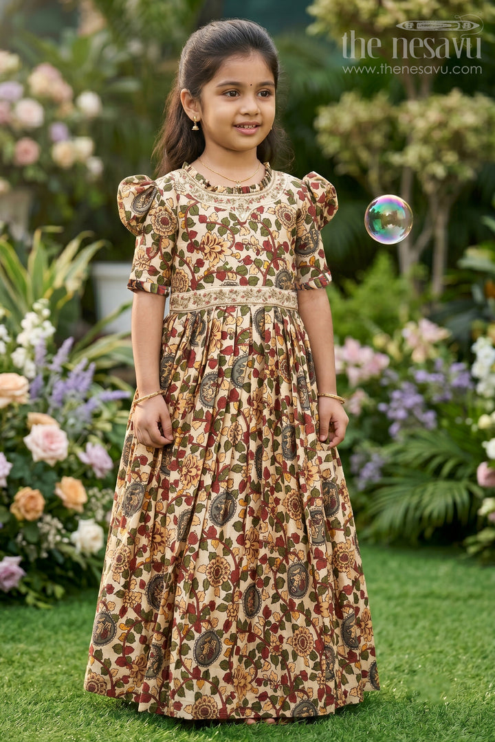 Girls Enchanting Floral Kalamkari Anarkali Gown with Elegant Embroidery