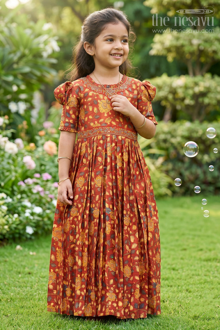 Girls Rustic Autumn Kalamkari Print Anarkali Dress with Embellished Accents