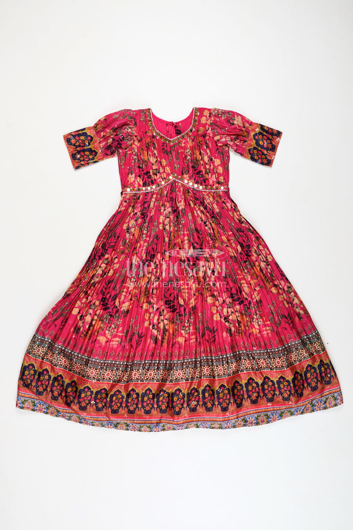 Girls Pink Chinon Anarkali with Traditional Print and Flared Skirt for Elegant anarkali gown dress Look