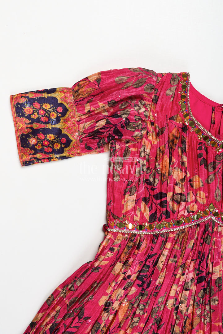 Girls Pink Chinon Anarkali with Traditional Print and Flared Skirt for Elegant anarkali gown dress Look