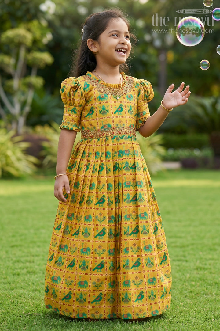 Sunshine Yellow Girls Anarkali with Traditional Embroidery
