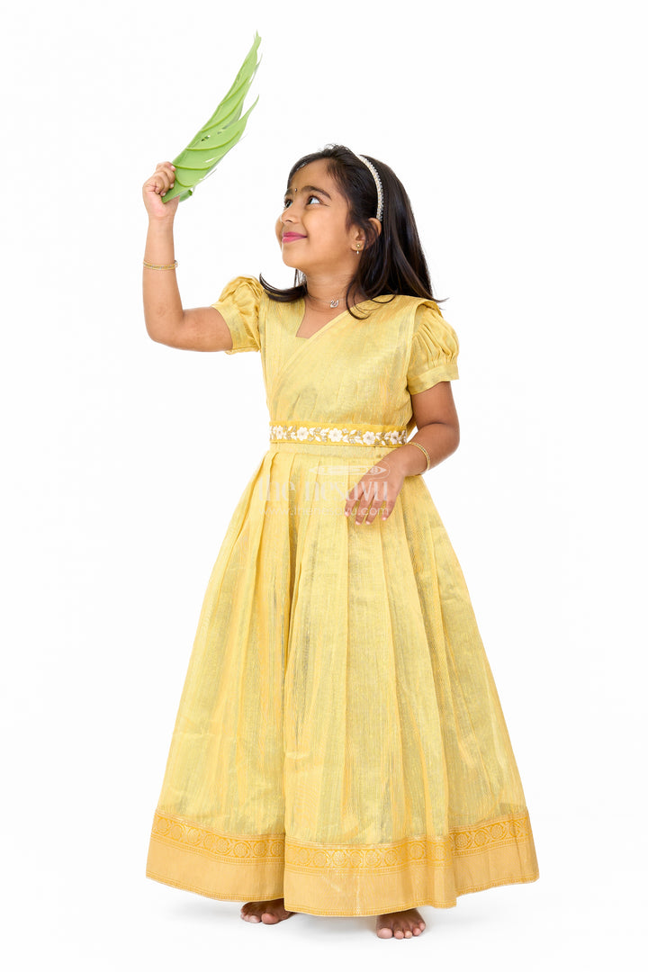 Luxurious Diwali Gown for Women in Gold Tissue Fabric with Floral Embroidery