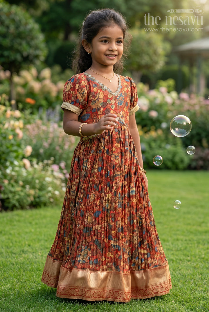 Exquisite Red Kalamkari Chinon Party Gown for Girls