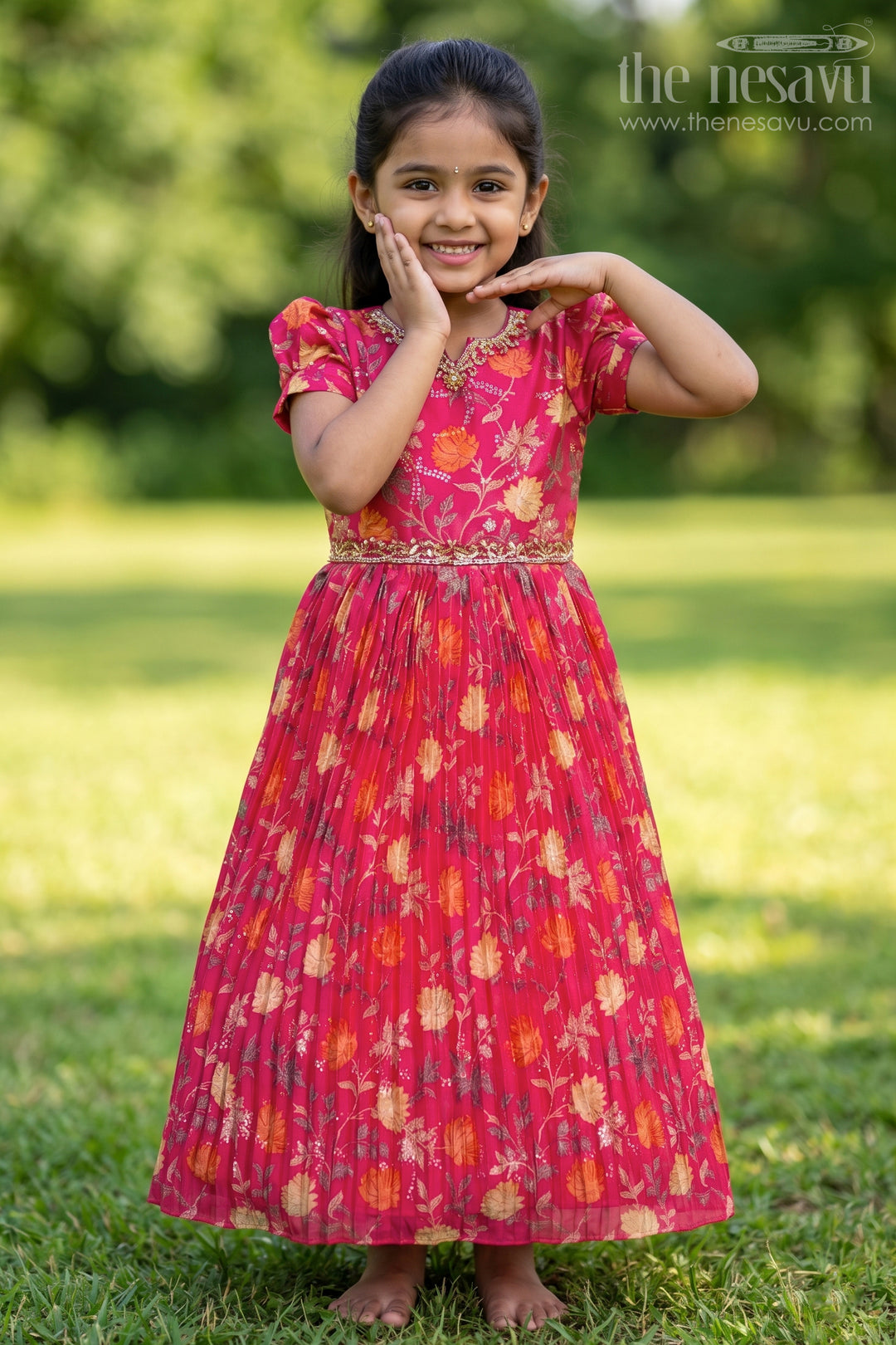 Vibrant Red and Orange Floral Girls Chinon Silk Gown with Puff Sleeves for Cocktail Parties