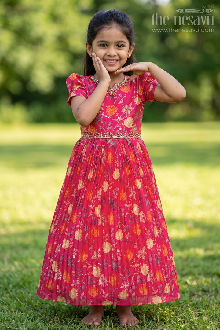 Vibrant Red and Orange Floral Girls Chinon Silk Gown with Puff Sleeves for Cocktail Parties