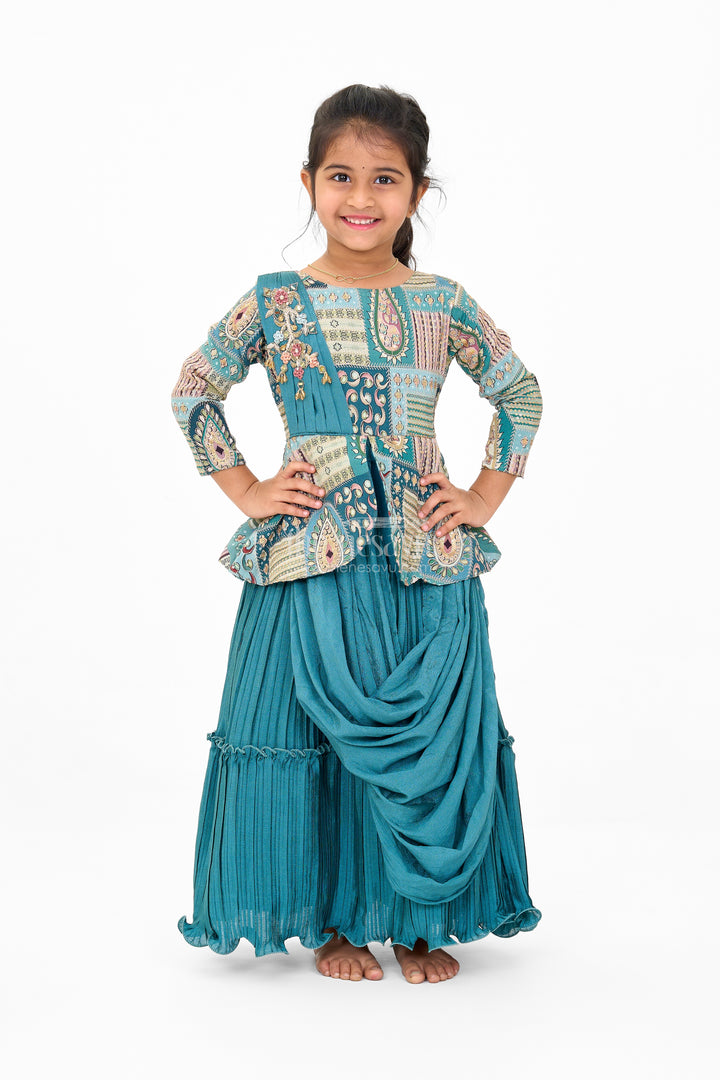 Gold Puff Sleeve Girls Silk Gown with Intricate Red Border and Floral Waist Embroidery