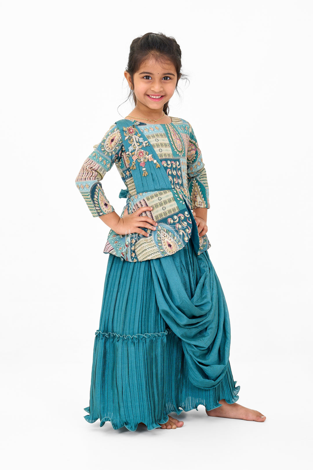 Gold Puff Sleeve Girls Silk Gown with Intricate Red Border and Floral Waist Embroidery