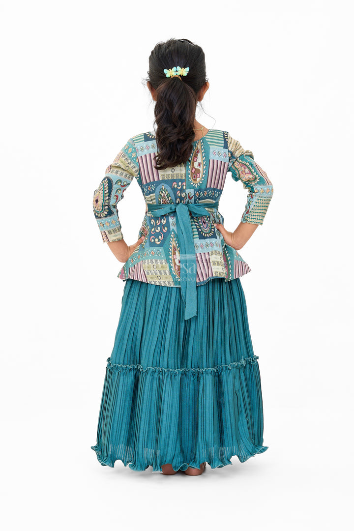 Gold Puff Sleeve Girls Silk Gown with Intricate Red Border and Floral Waist Embroidery