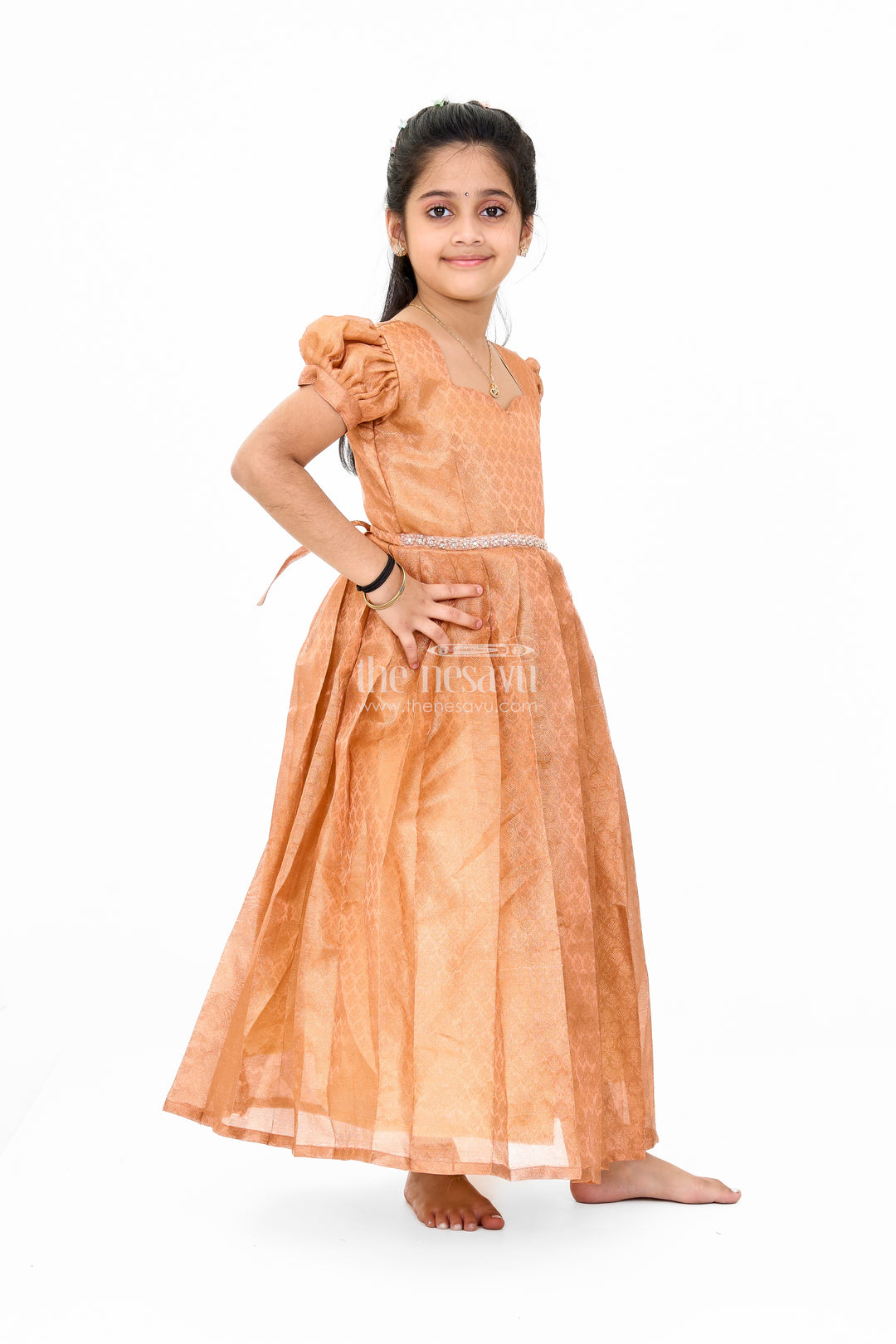 Exquisite Girls Silk Gown with Golden Sheen for New Year Party Celebrations
