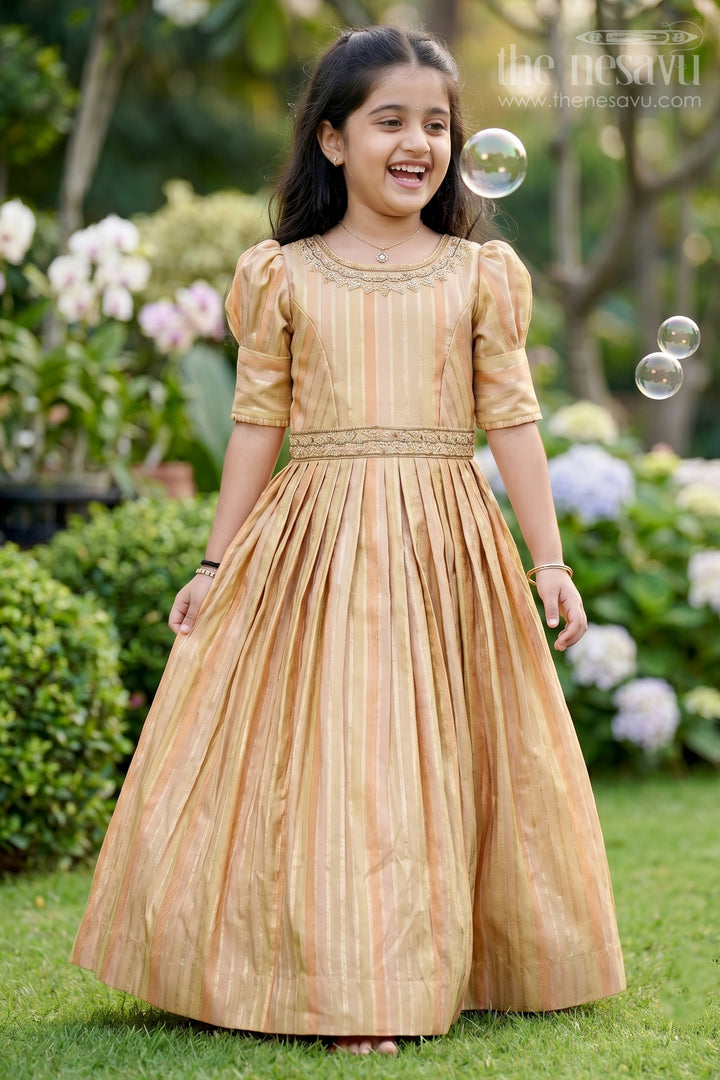 Girls Yellow Georgette Anarkali with Gold Striped Pattern and Embroidered Neckline