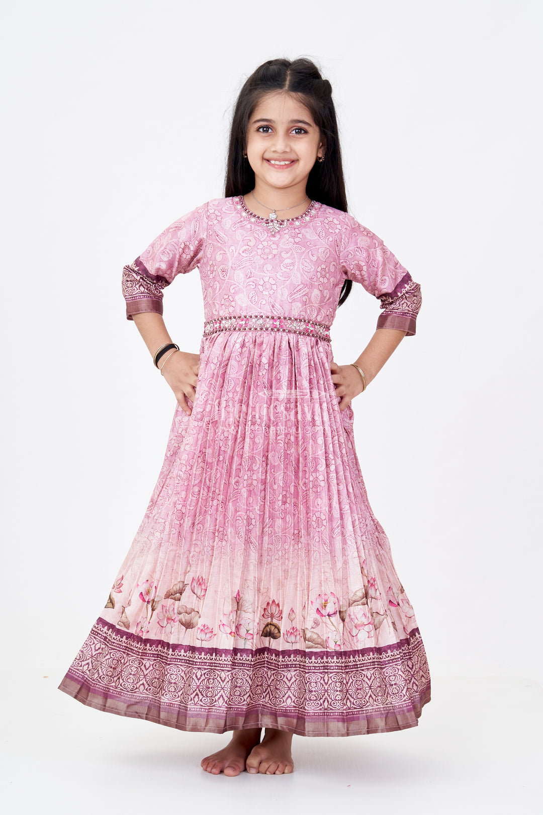 Exquisite Gown for Wedding Party with Pichwai Theme Semi Raw Silk and Embellished Waistline