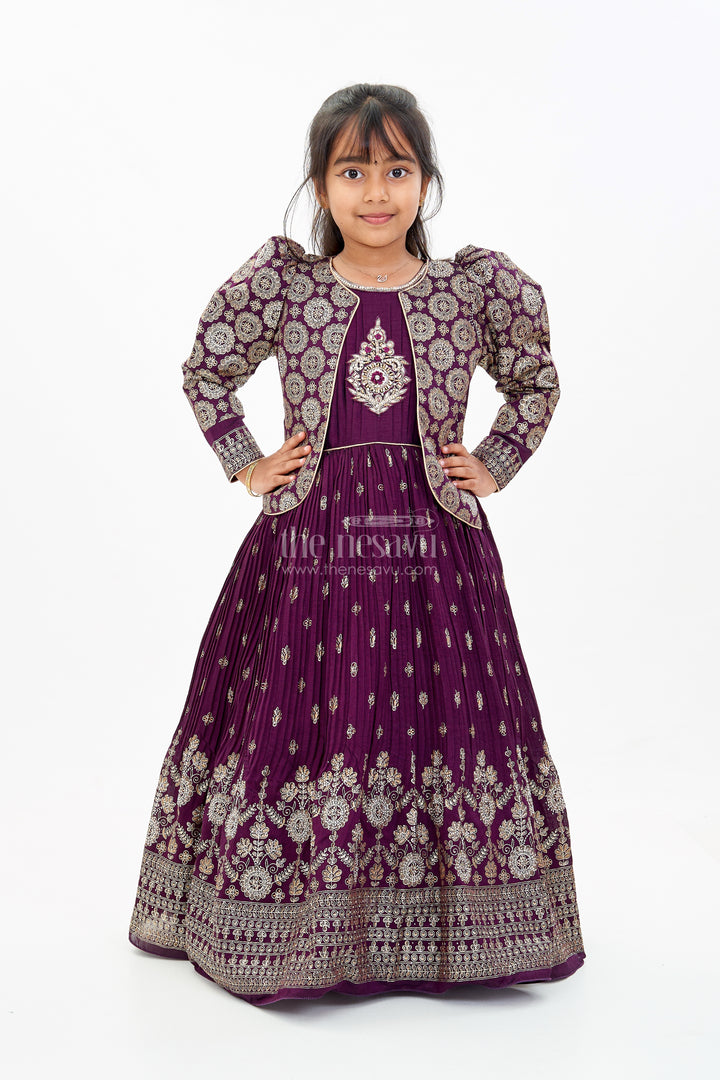 Elegant Girls Wedding Wear Gown in Rich Blend Silk with Foil Prints and Intricate Embroidery