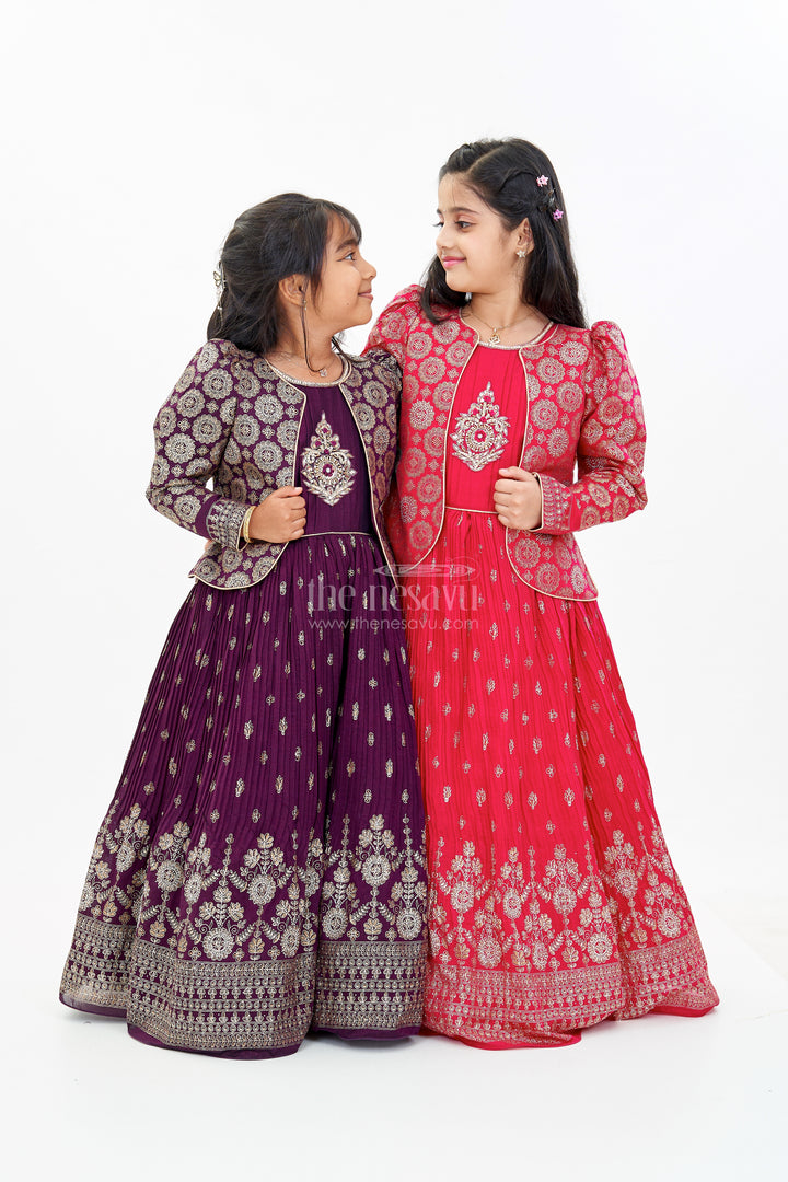 Elegant Girls Wedding Wear Gown in Rich Blend Silk with Foil Prints and Intricate Embroidery