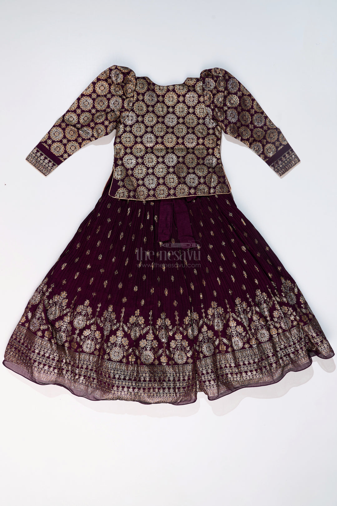 Elegant Girls Wedding Wear Gown in Rich Blend Silk with Foil Prints and Intricate Embroidery