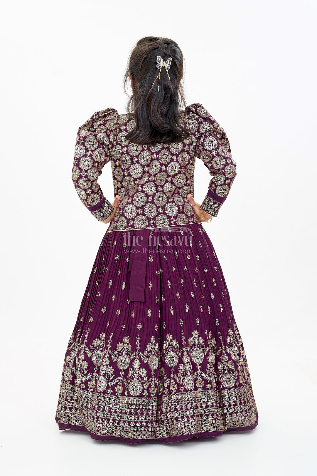 Elegant Girls Wedding Wear Gown in Rich Blend Silk with Foil Prints and Intricate Embroidery