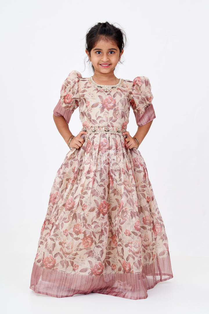 Girls Long Gowns with Sleeves in Gold Tissue Fabric and Rose Digital Print for Graceful Outings