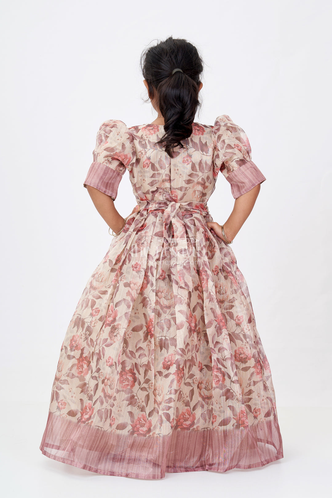 Girls Long Gowns with Sleeves in Gold Tissue Fabric and Rose Digital Print for Graceful Outings