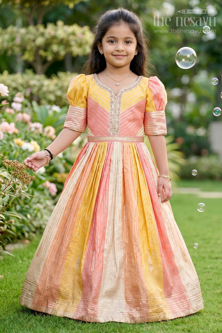 Girls Yellow Gown with Banarasi Kali Jacquard Silk and Embellished Neckline for Festive Wear