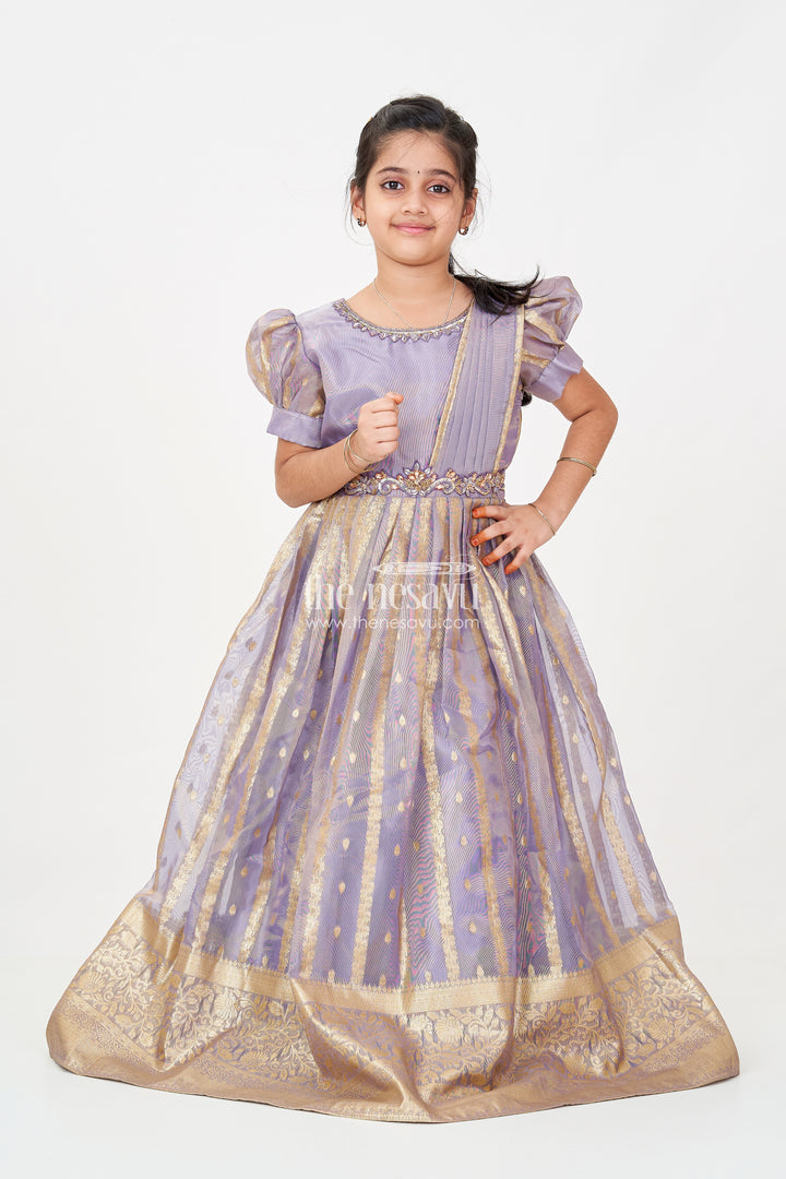 Anarkali Long Frock for Girls in Rich Banarasi Tissue Silk with Golden Brocade Borders