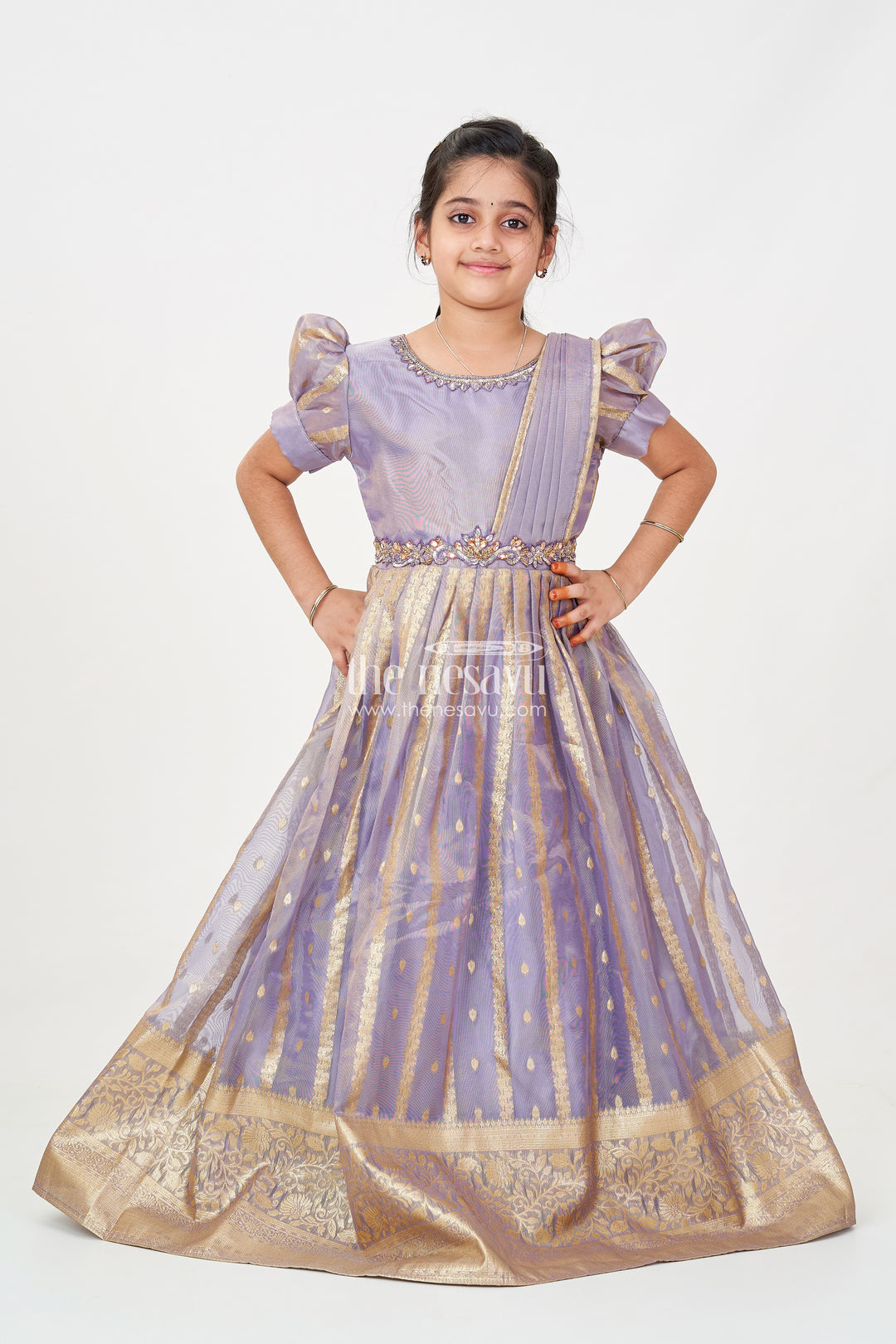 Anarkali Long Frock for Girls in Rich Banarasi Tissue Silk with Golden Brocade Borders