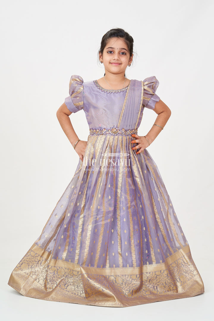 Anarkali Long Frock for Girls in Rich Banarasi Tissue Silk with Golden Brocade Borders