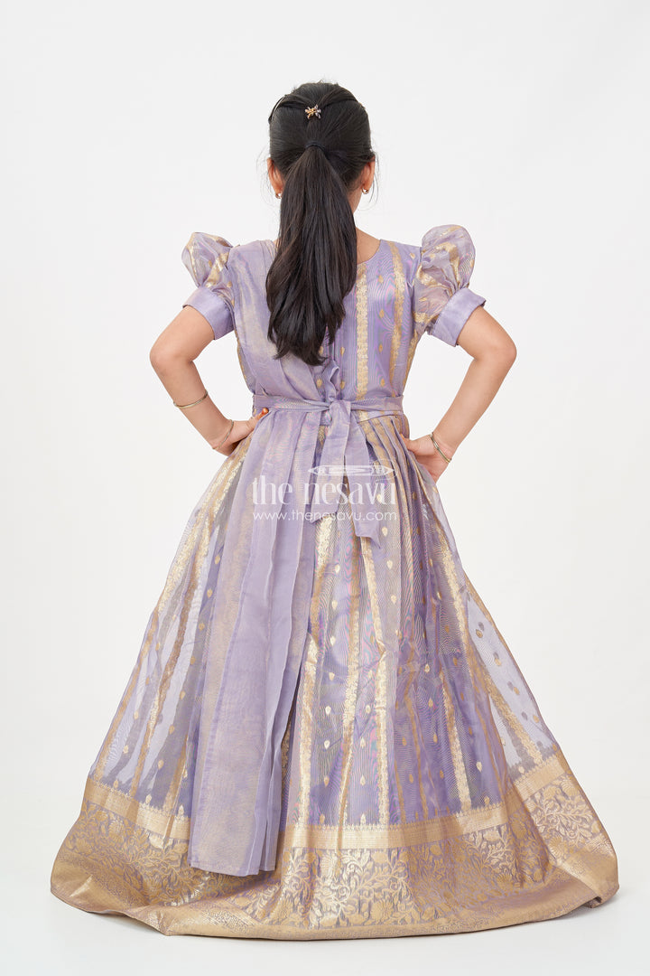 Anarkali Long Frock for Girls in Rich Banarasi Tissue Silk with Golden Brocade Borders