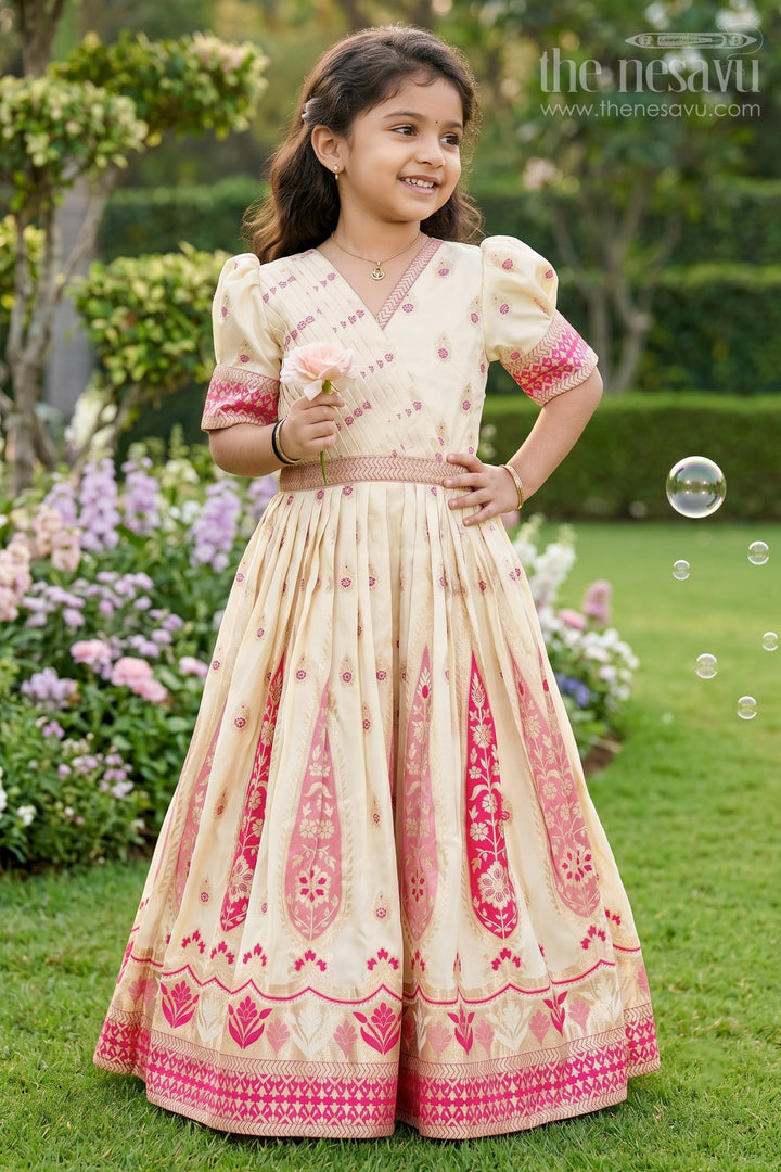 Girls Gold Silk Gown with Banarasi Jacquard Kali Pattern and Puff Sleeves for Grand Occasions