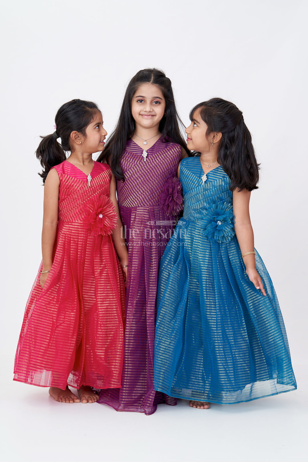 Girls Sleeveless Long Anarkali Dress in Softnet with Gold Shimmer Stripes and Elegant Floral Waist Accent