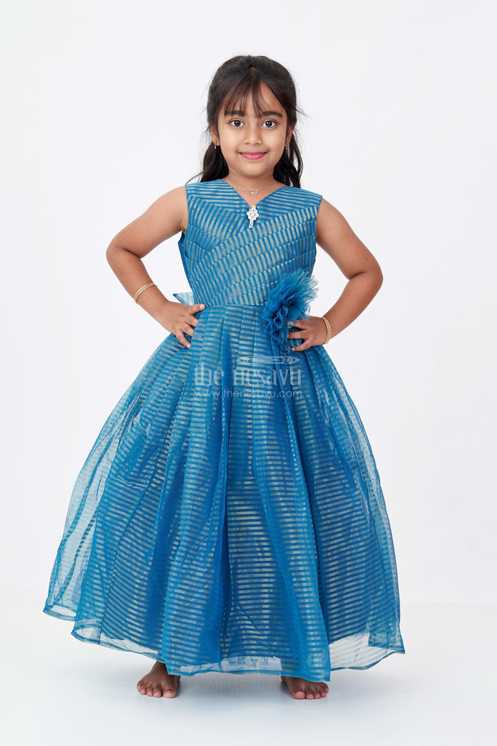 Girls Teal Blue Anarkali in Softnet with Shimmer Stripes and Waist Flower for Glam Party Looks
