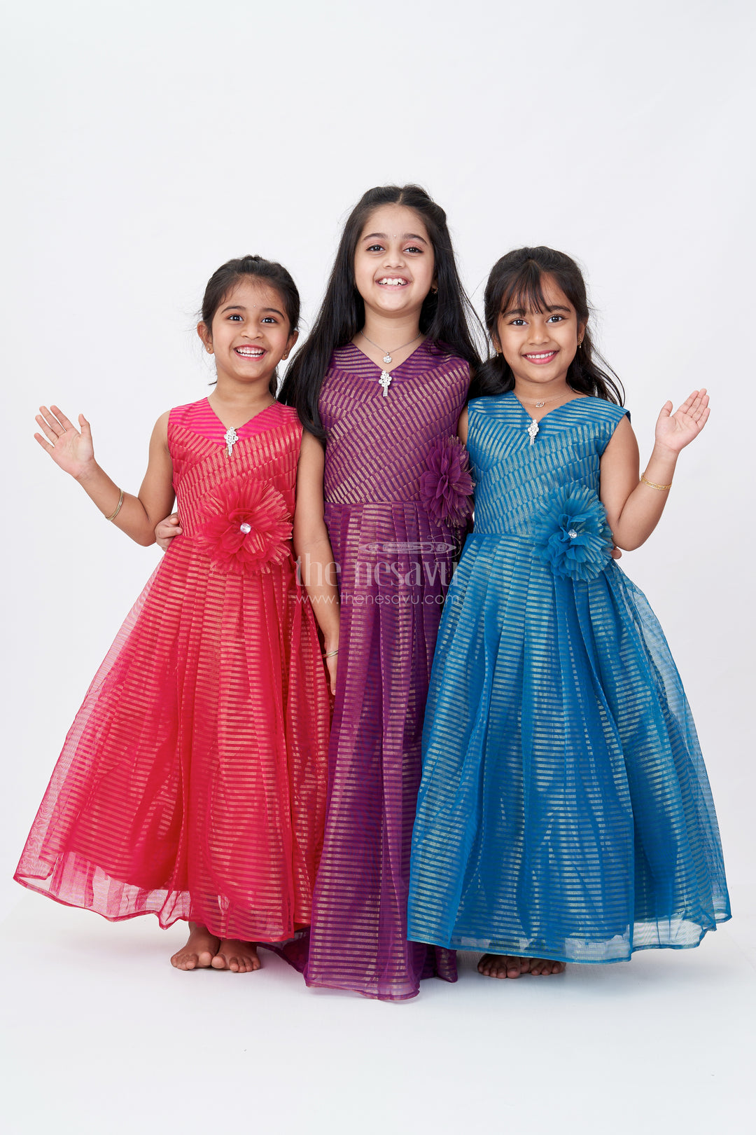 Girls Teal Blue Anarkali in Softnet with Shimmer Stripes and Waist Flower for Glam Party Looks