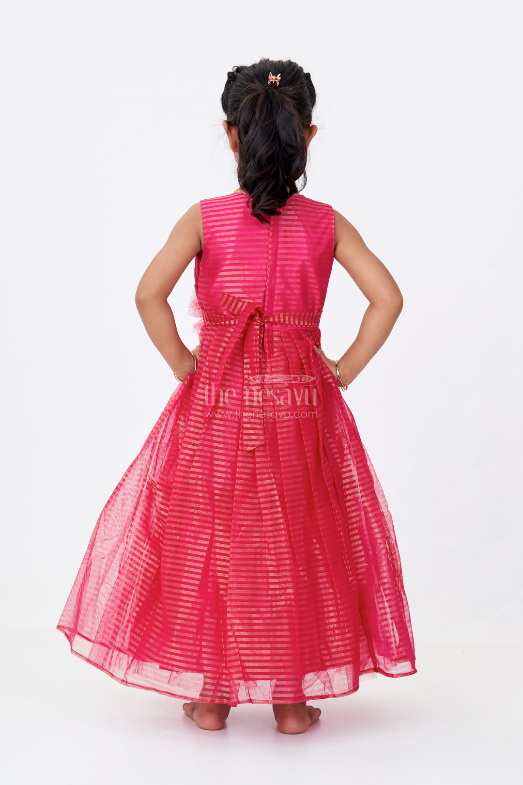 Girls Red Silk Gown in Soft Net with Stripe Design and Oversized Floral Waist Embellishment