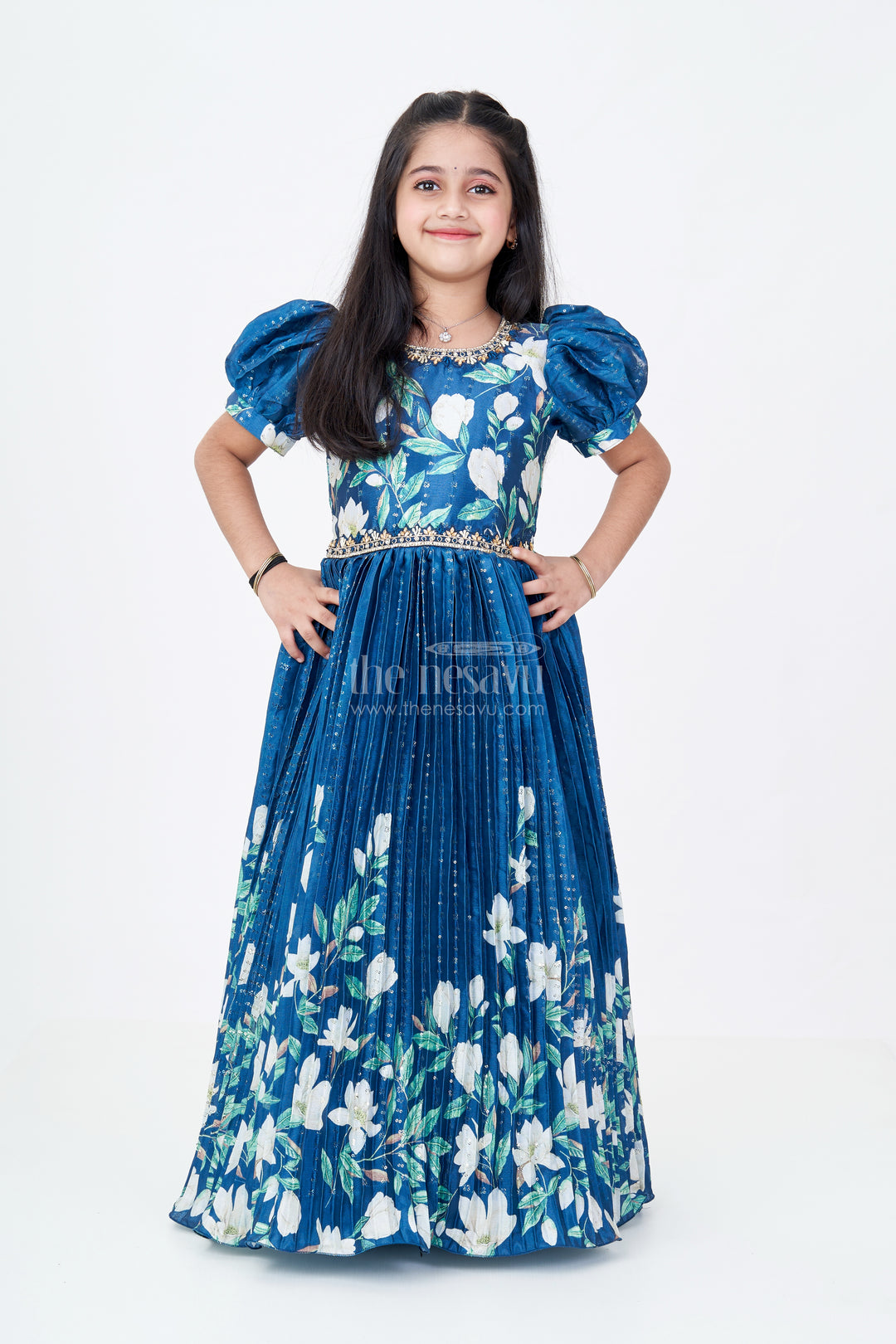 Girls Flower Print Anarkali Dress in Chinon Silk with Digital Floral Motifs and Sequin Embroidery Highlights
