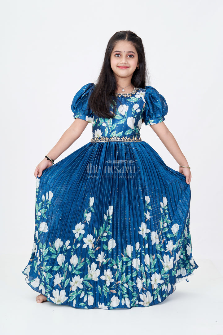 Girls Flower Print Anarkali Dress in Chinon Silk with Digital Floral Motifs and Sequin Embroidery Highlights