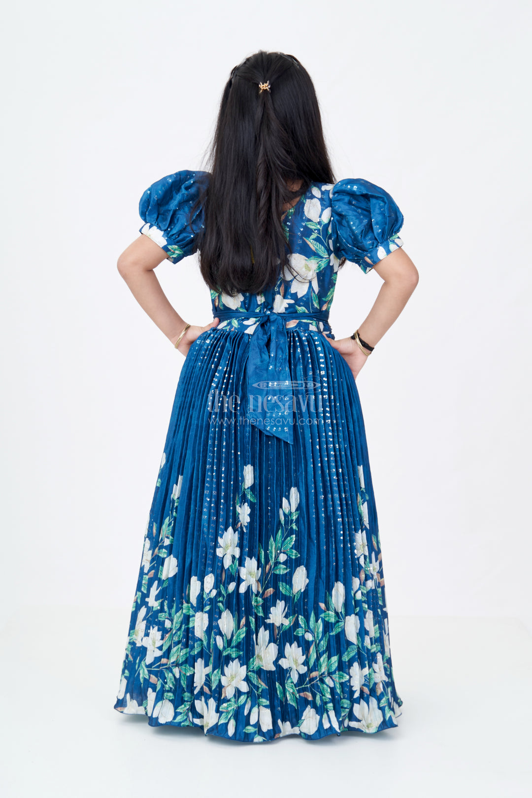 Girls Flower Print Anarkali Dress in Chinon Silk with Digital Floral Motifs and Sequin Embroidery Highlights