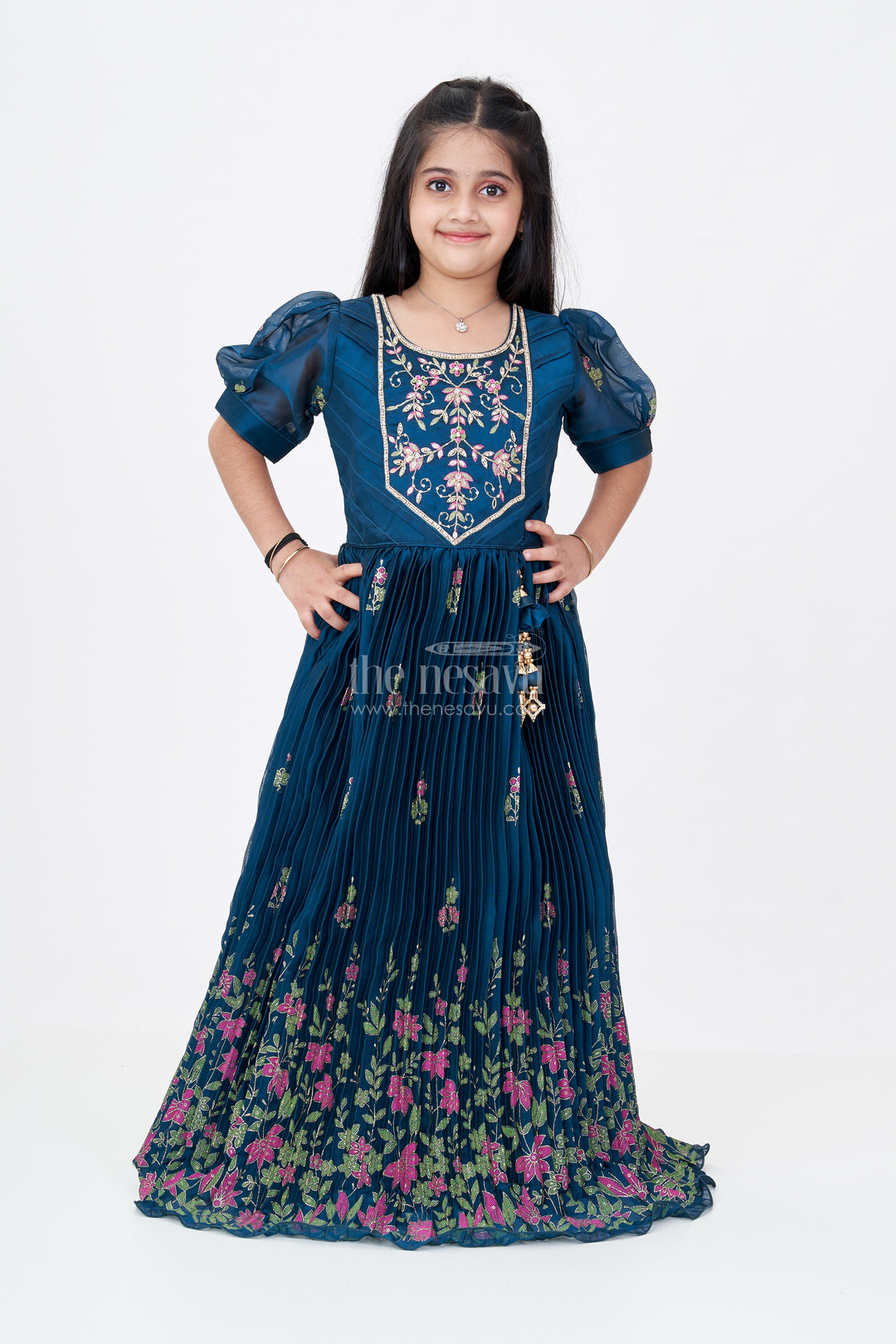 Girls Embroidered Anarkali in Chinon Silk with Thread Work Floral Patterns and Elegant Bodice Embellishment