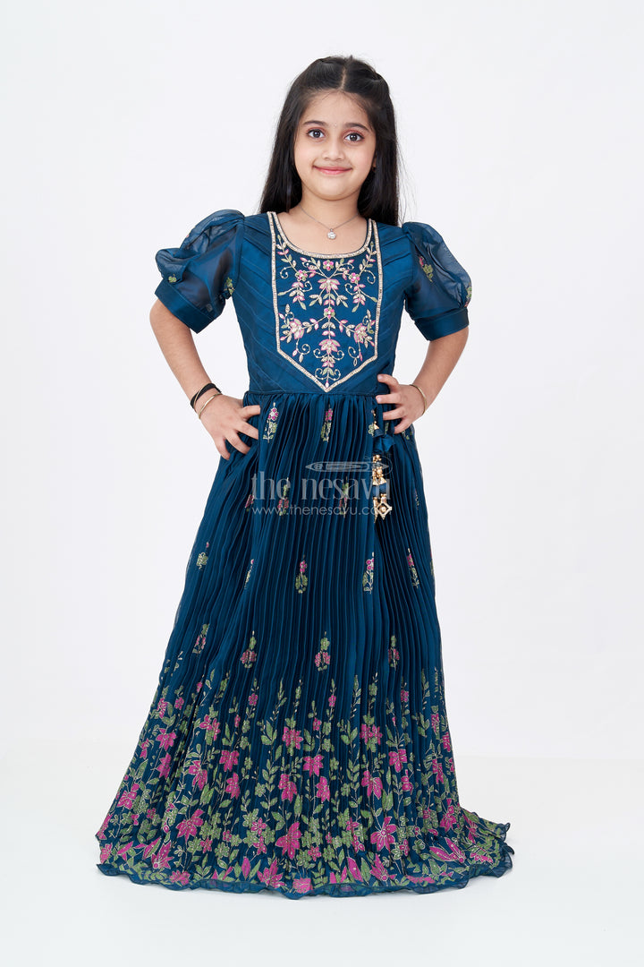 Girls Embroidered Anarkali in Chinon Silk with Thread Work Floral Patterns and Elegant Bodice Embellishment