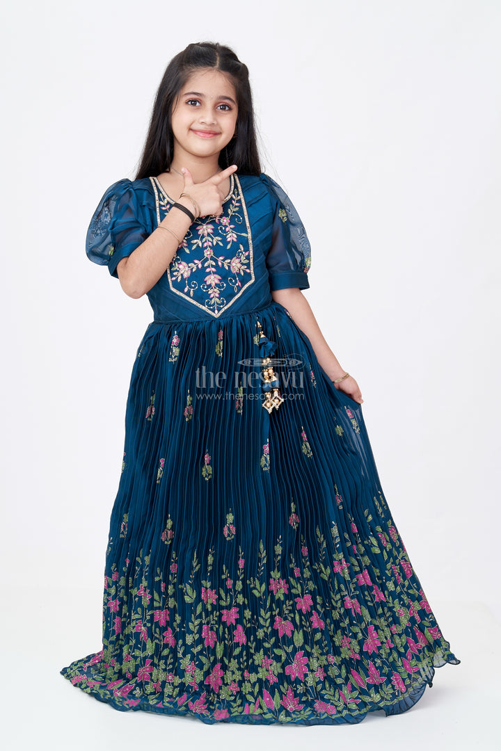 Girls Embroidered Anarkali in Chinon Silk with Thread Work Floral Patterns and Elegant Bodice Embellishment