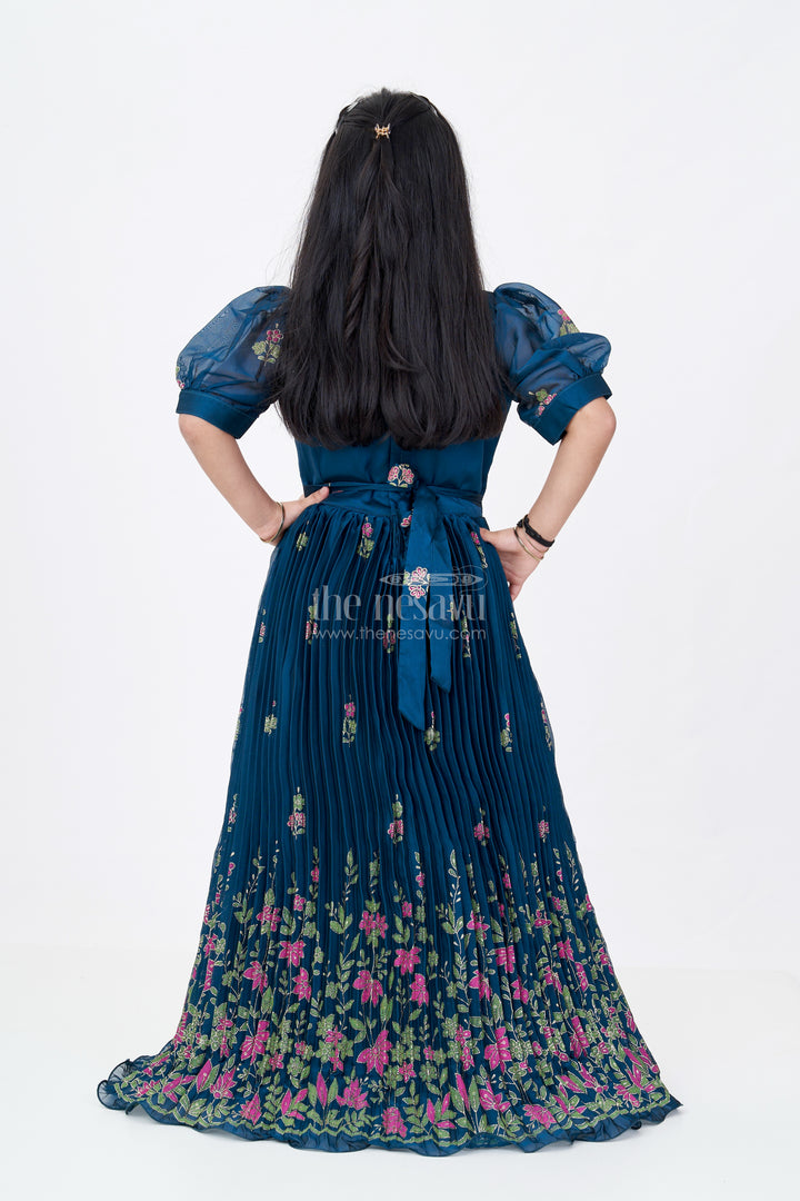 Girls Embroidered Anarkali in Chinon Silk with Thread Work Floral Patterns and Elegant Bodice Embellishment