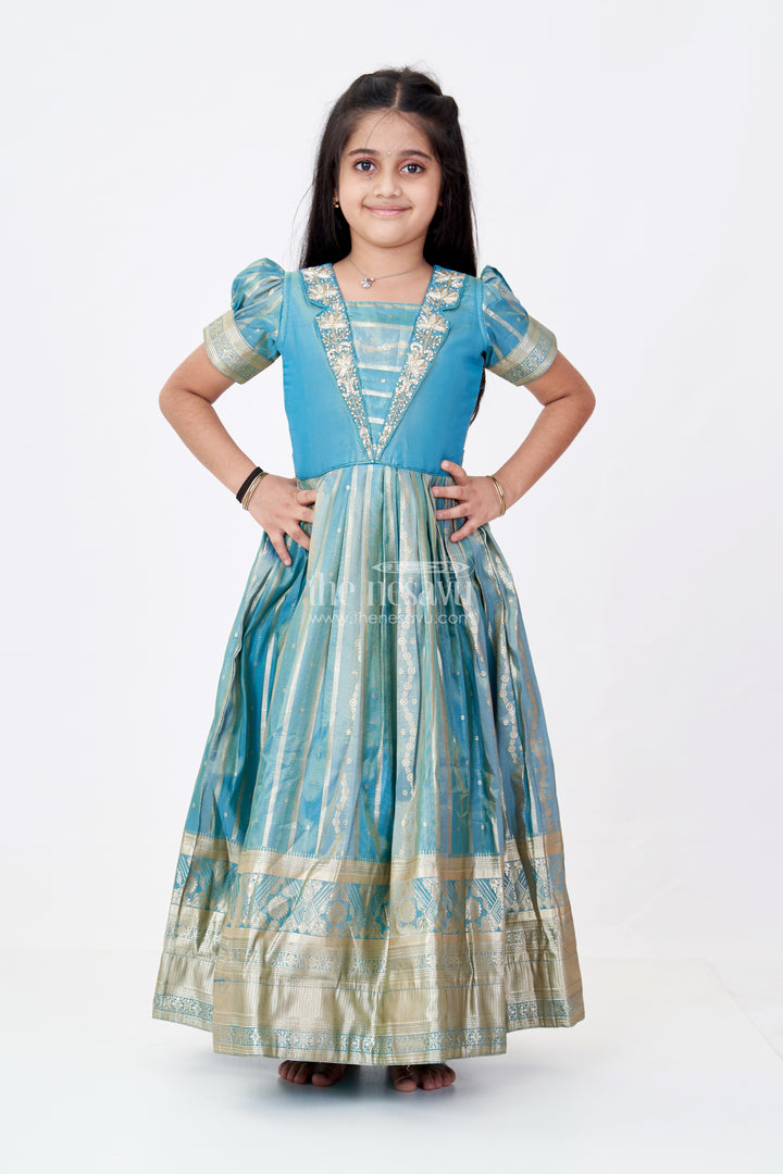 Girls Lavender Anarkali Gown in Banarasi Kora Tissue Silk with Gold Zari Border and Puff Sleeves