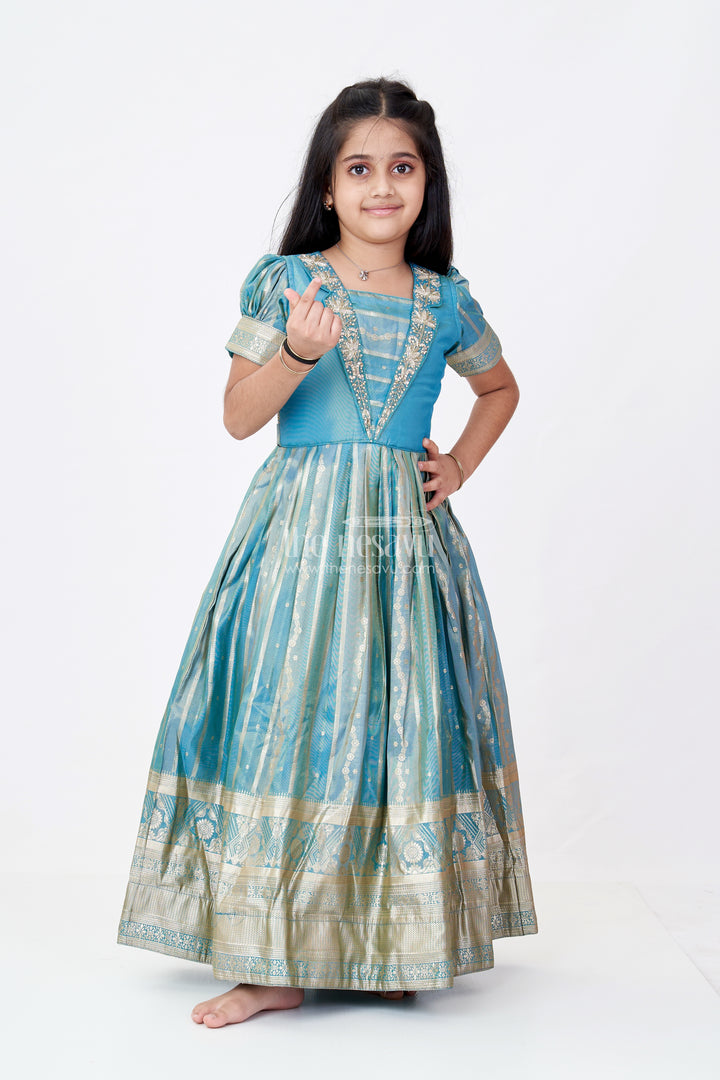 Girls Lavender Anarkali Gown in Banarasi Kora Tissue Silk with Gold Zari Border and Puff Sleeves
