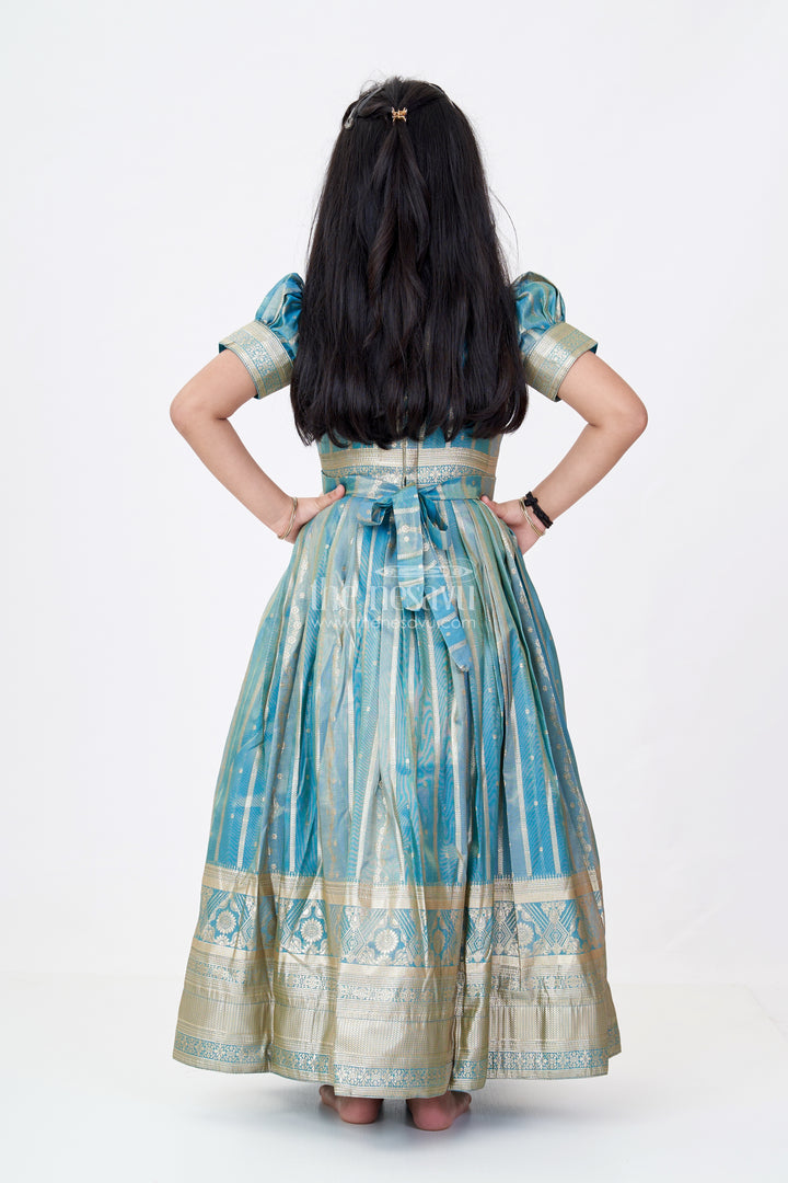 Girls Lavender Anarkali Gown in Banarasi Kora Tissue Silk with Gold Zari Border and Puff Sleeves
