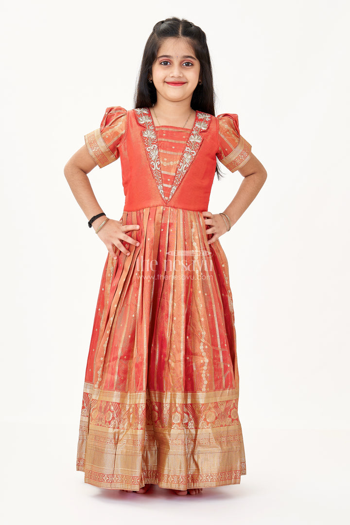 Girls Frock Gown in Organza Silk Banarasi with Zari Border and Puff Sleeves