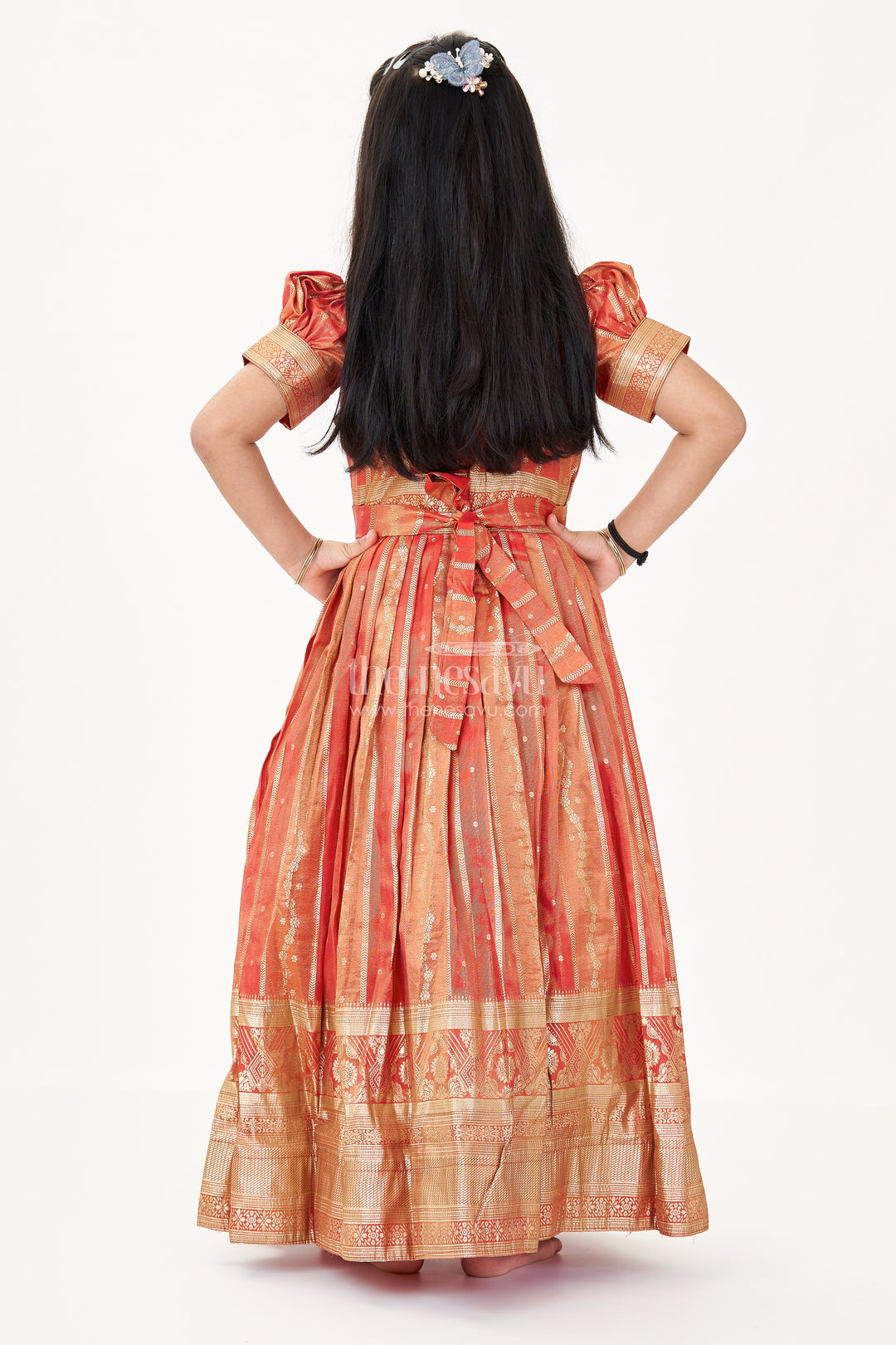 Girls Frock Gown in Organza Silk Banarasi with Zari Border and Puff Sleeves