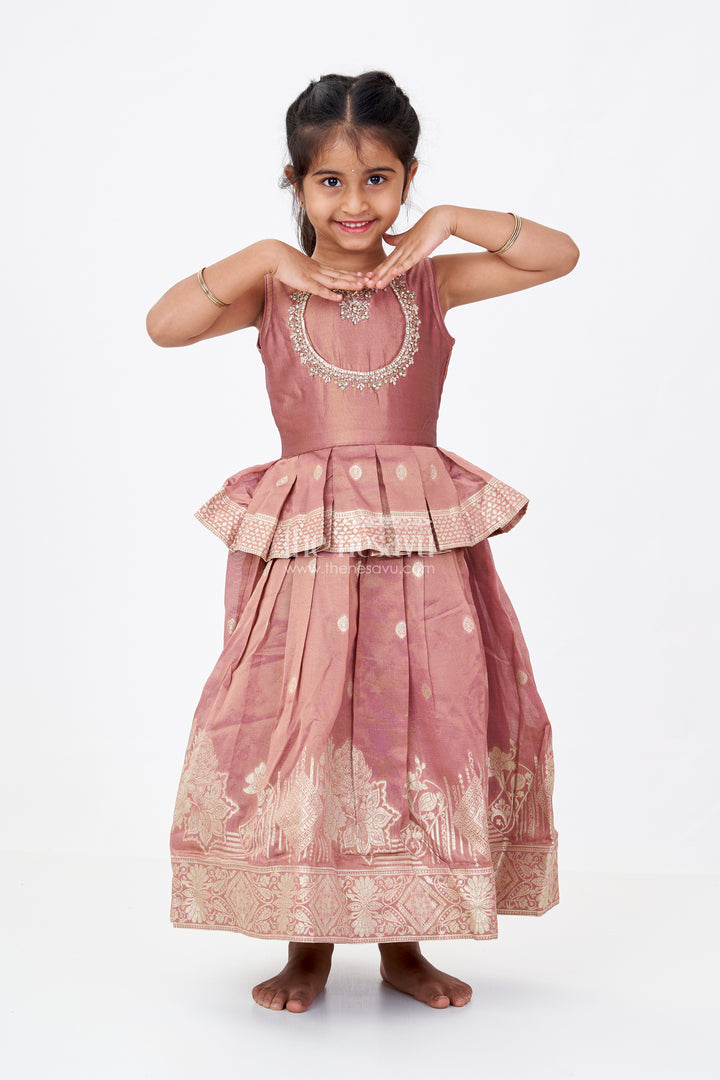 Girls Brown Anarkali Dress in Banarasi Kora Tissue Silk with Zari Border and Embroidered Yoke Design